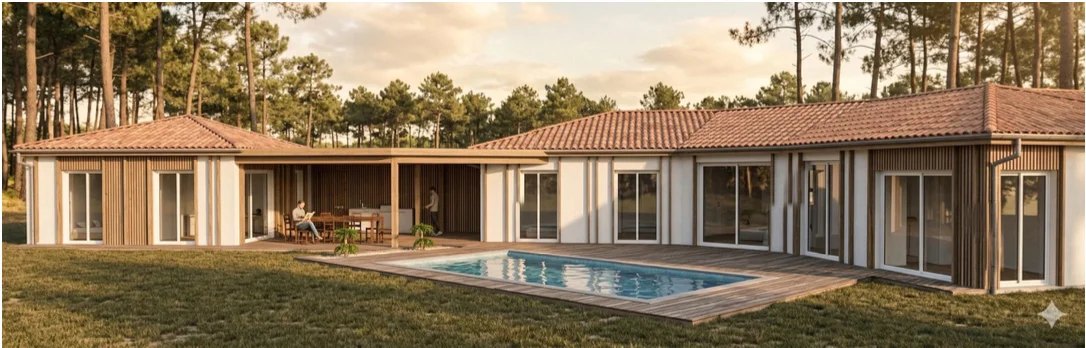 Maison landaise de plain-pied avec bardage bois, piscine et terrasse au cœur des pins