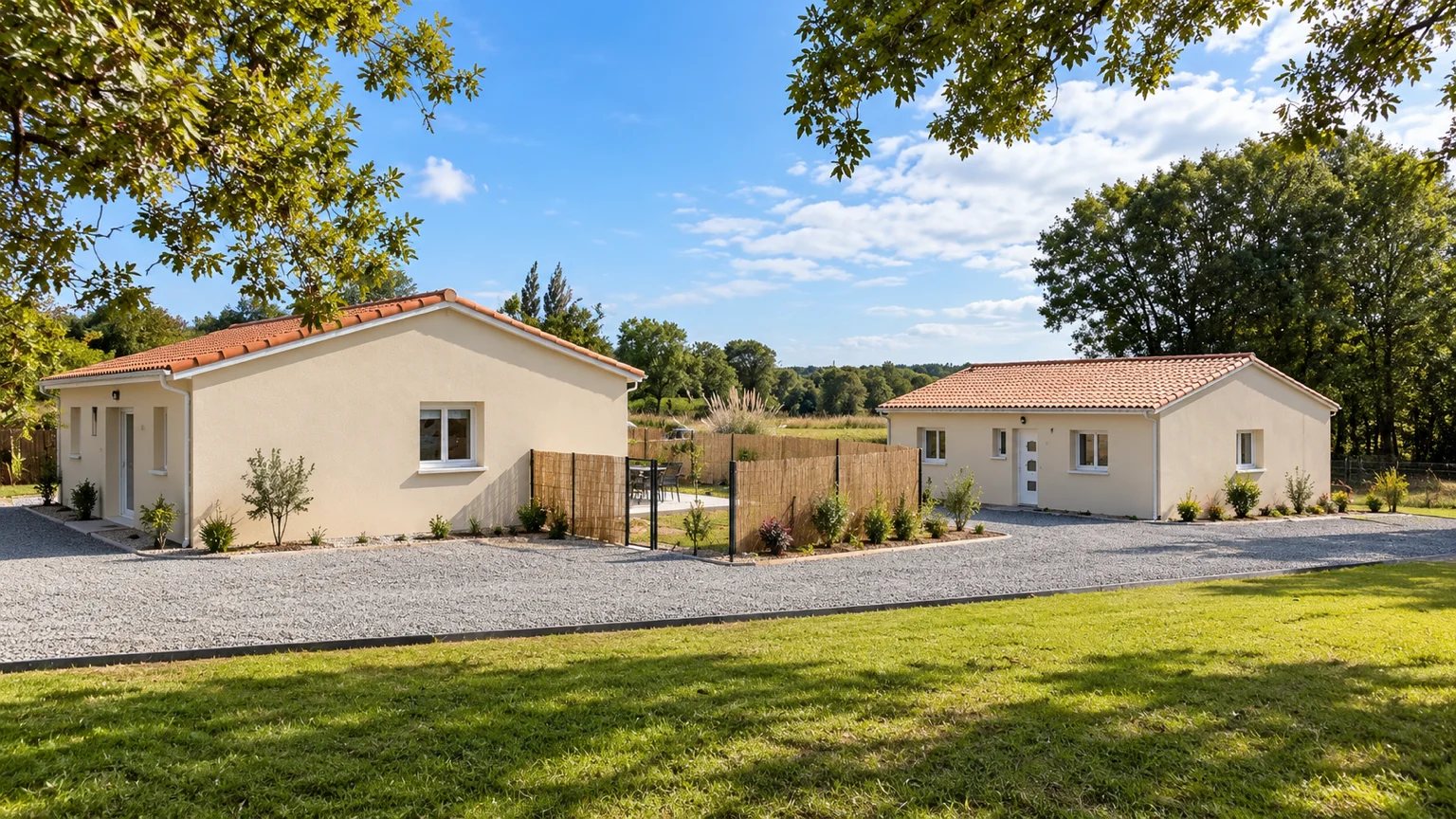 Deux maisons neuves de plain-pied identiques construites par Entreprise Berry, toitures en tuiles et allée gravillonnée