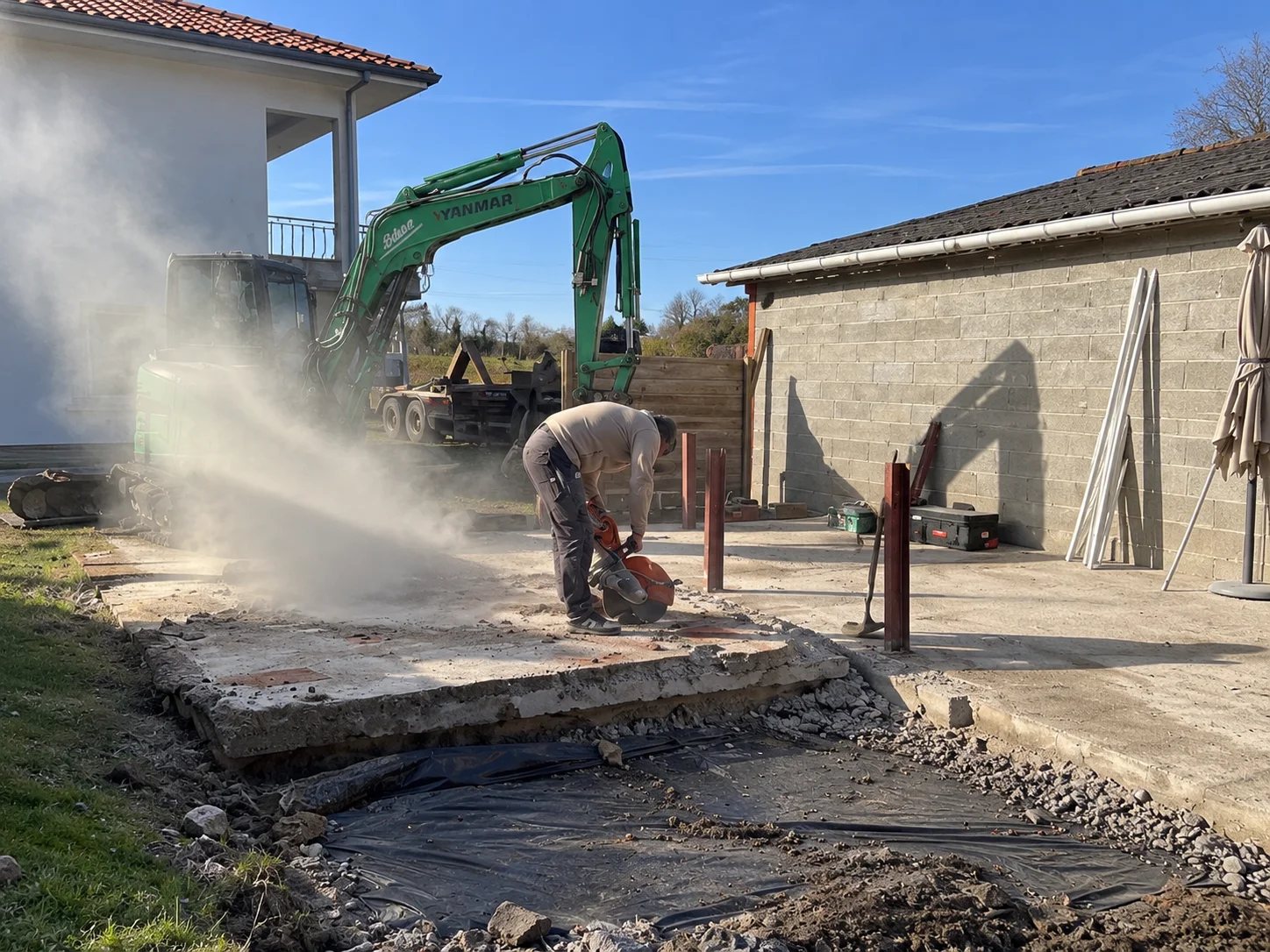 Démolition d'une ancienne dalle à la disqueuse avant terrassement à la mini-pelle, chantier Entreprise Berry