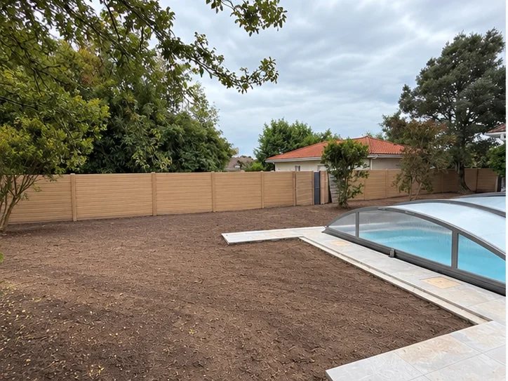 Terre végétale réglée entre la terrasse de la piscine et la clôture