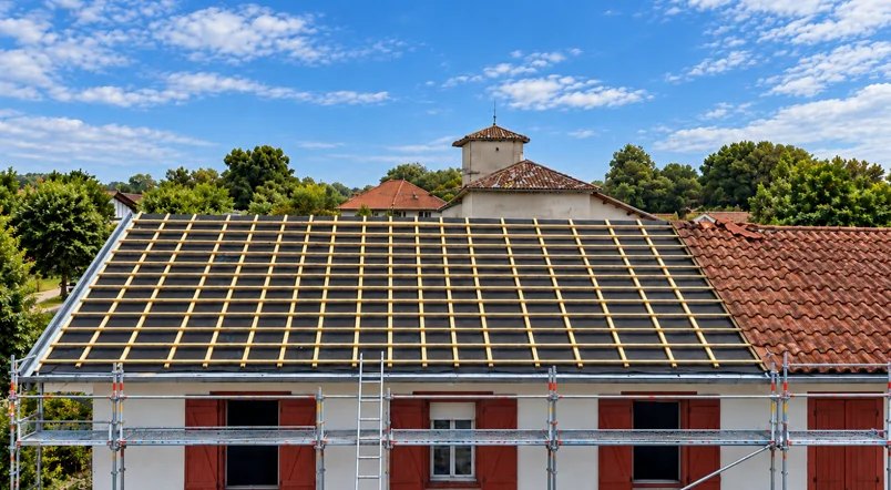 Écran de sous-toiture et liteaux neufs posés avant la couverture en tuiles